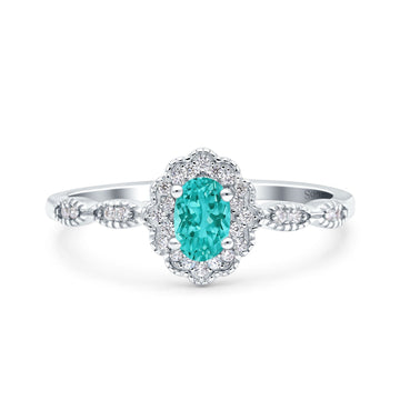 Halo Vintage Floral Art Deco Wedding Ring Oval Simulated Paraiba Tourmaline CZ 925 Sterling Silver
